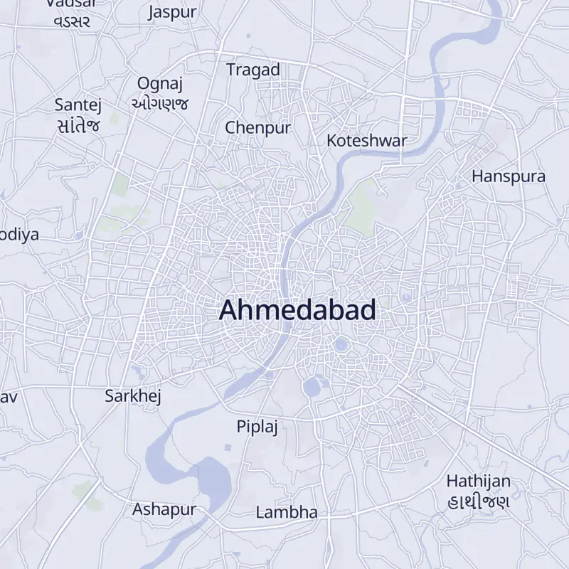 Street map of Ahmedabad with 20 numbered pins, one for each clinic in the list.