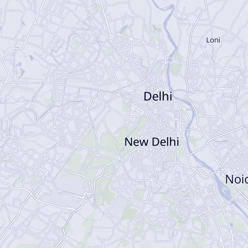 Street map of Delhi with 20 numbered pins, one for each clinic in the list.