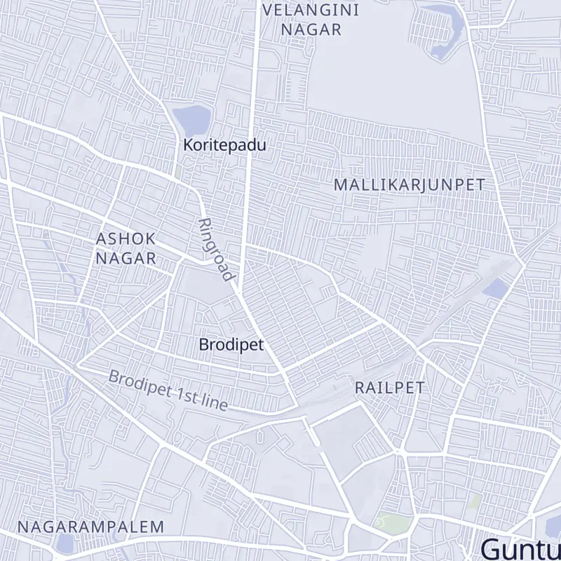 Street map of Guntur with 9 numbered pins, one for each clinic in the list.