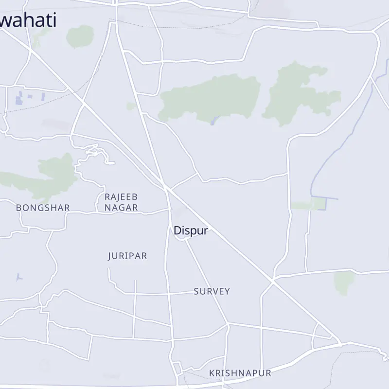 Street map of Guwahati with 9 numbered pins, one for each clinic in the list.