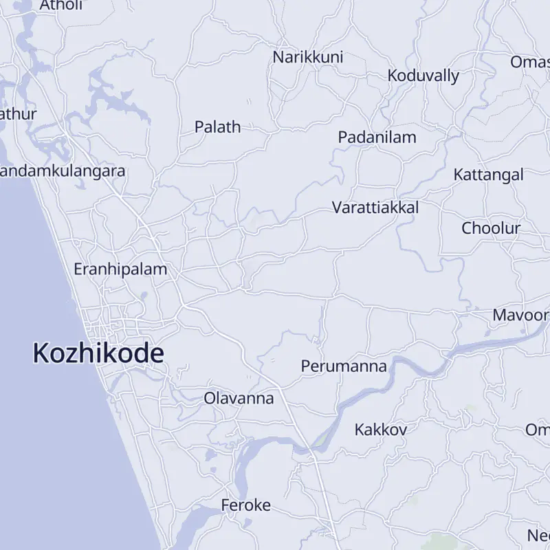 Street map of Kozhikode with 20 numbered pins, one for each clinic in the list.