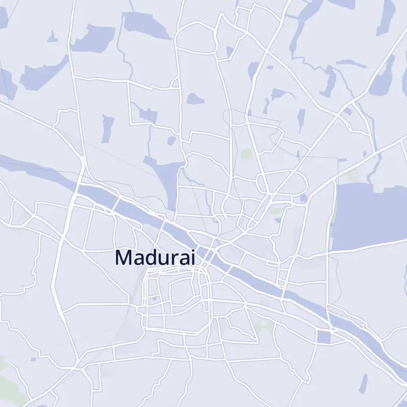 Street map of Madurai with 20 numbered pins, one for each clinic in the list.
