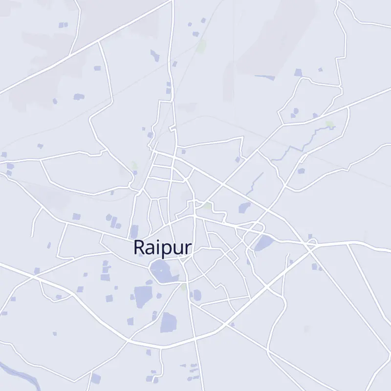 Street map of Raipur marking Rootz Hair Transplant Clinic in Shastri Chowk.