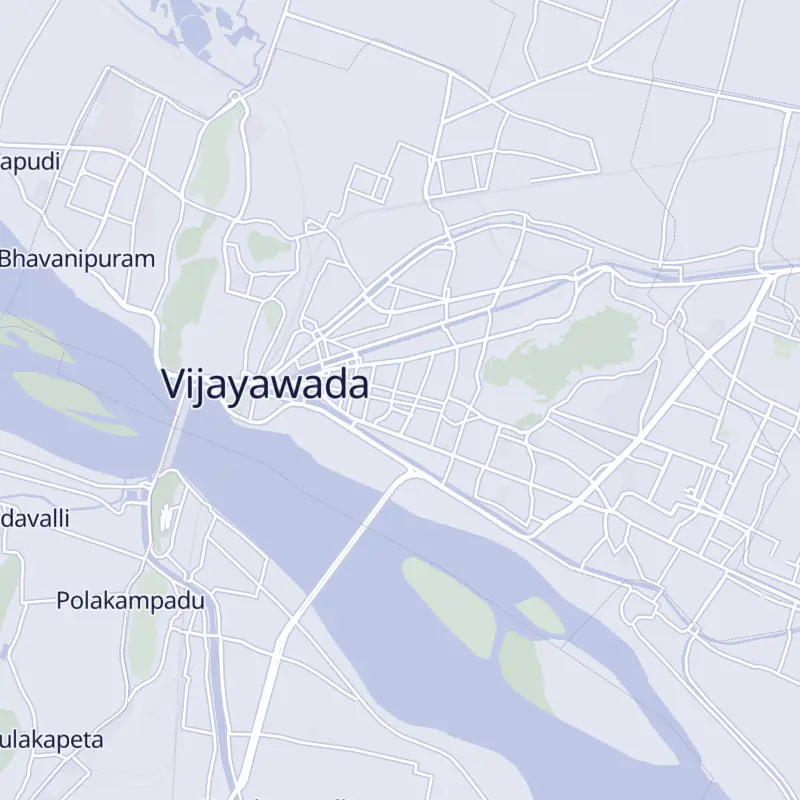 Street map of Vijayawada with 16 numbered pins, one for each clinic in the list.